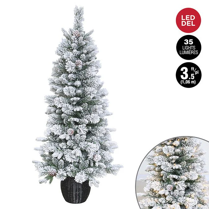 1.07m Prelit Flocked Mixed Pine Potted Tree With cones