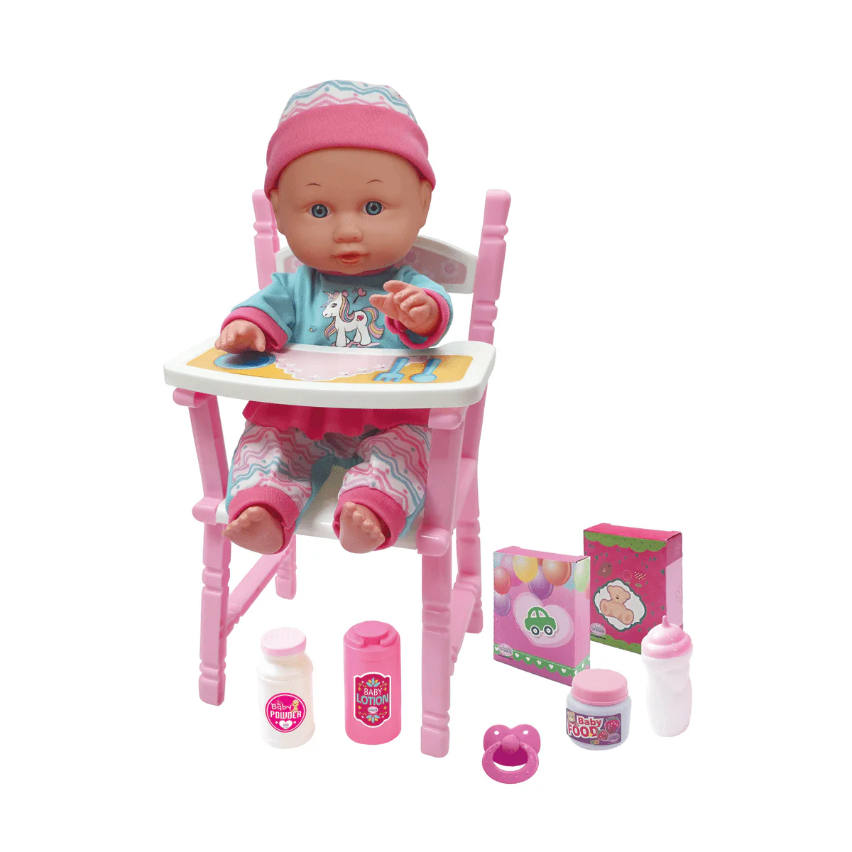 12" Little Luv 3-in-1 Doll Set – Stroller, Crib & High Chair - Image 2
