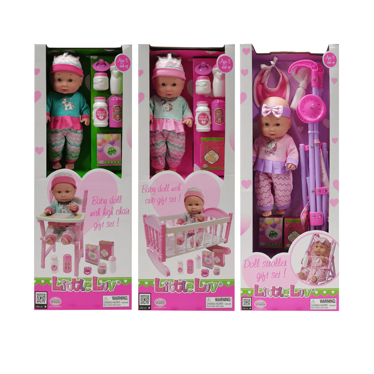 12" Little Luv 3-in-1 Doll Set – Stroller, Crib & High Chair - Image 4