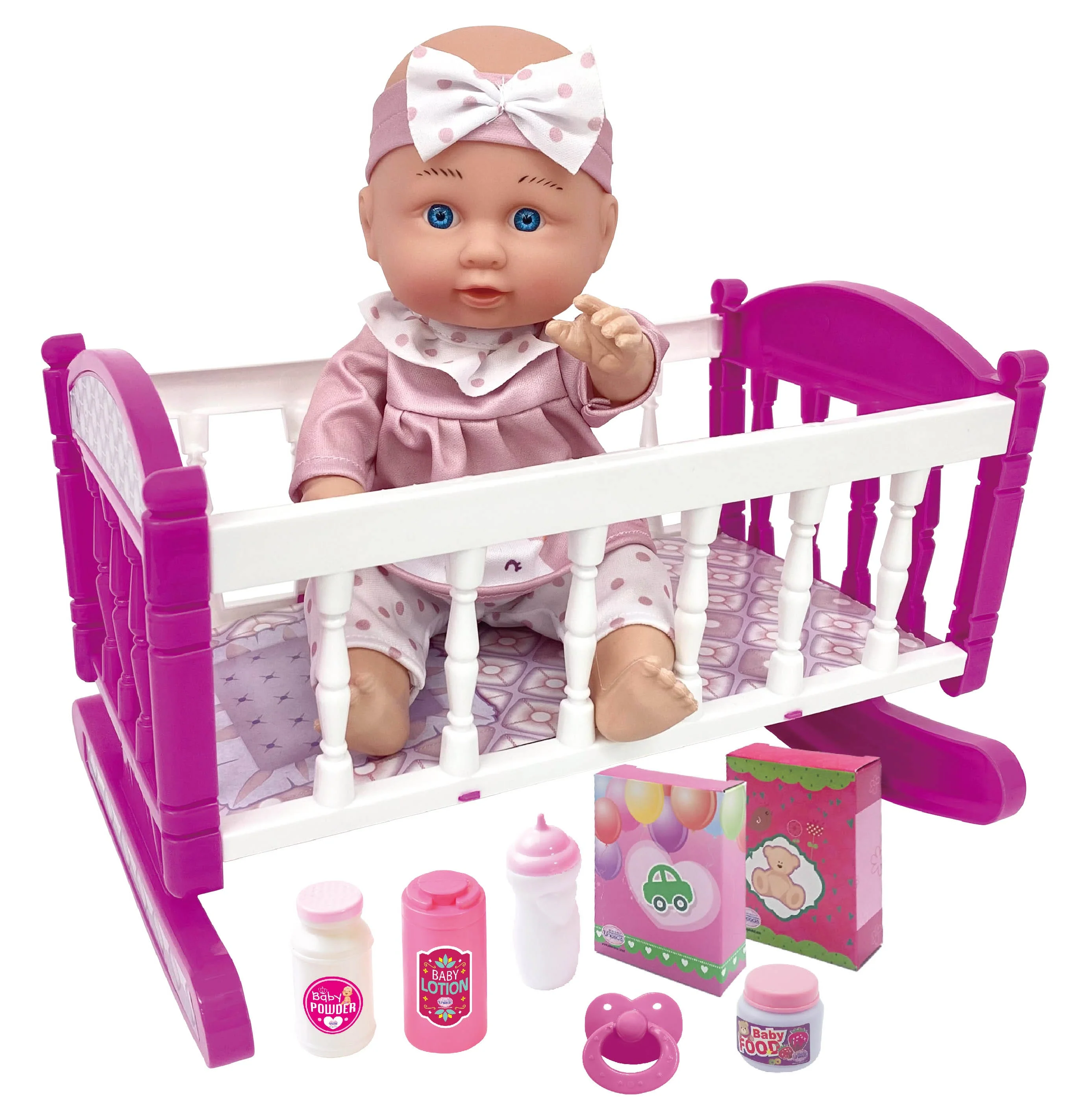 12" Little Luv 3-in-1 Doll Set – Stroller, Crib & High Chair - Image 6