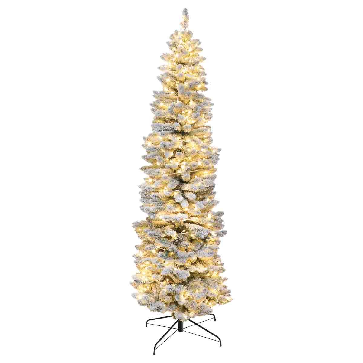 2.1m Prelit Flocked Pine Slim Tree 200 Warm White 5mm Led Light