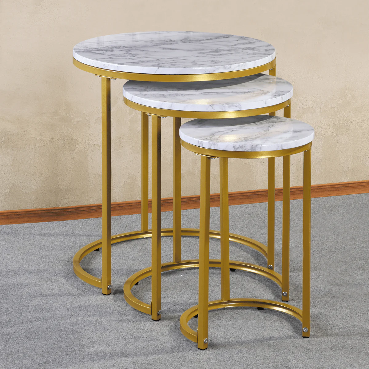 3pc Set Round Coffee Table White/gold Color Frame