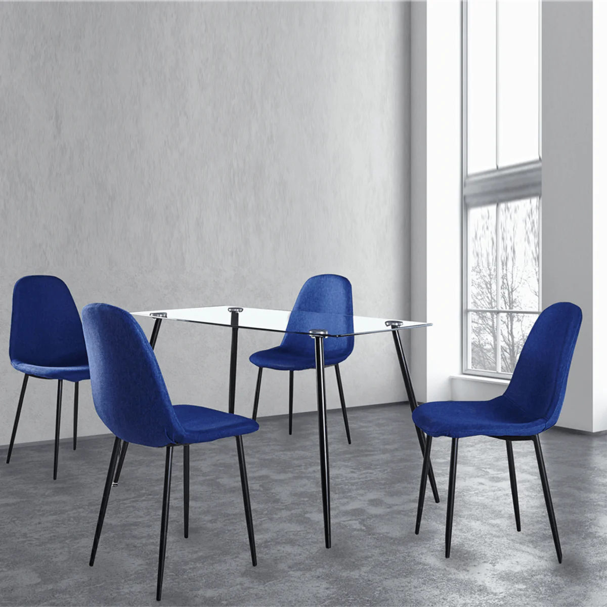 5pc Dining Set With glass Table And 4 Blue Chairs