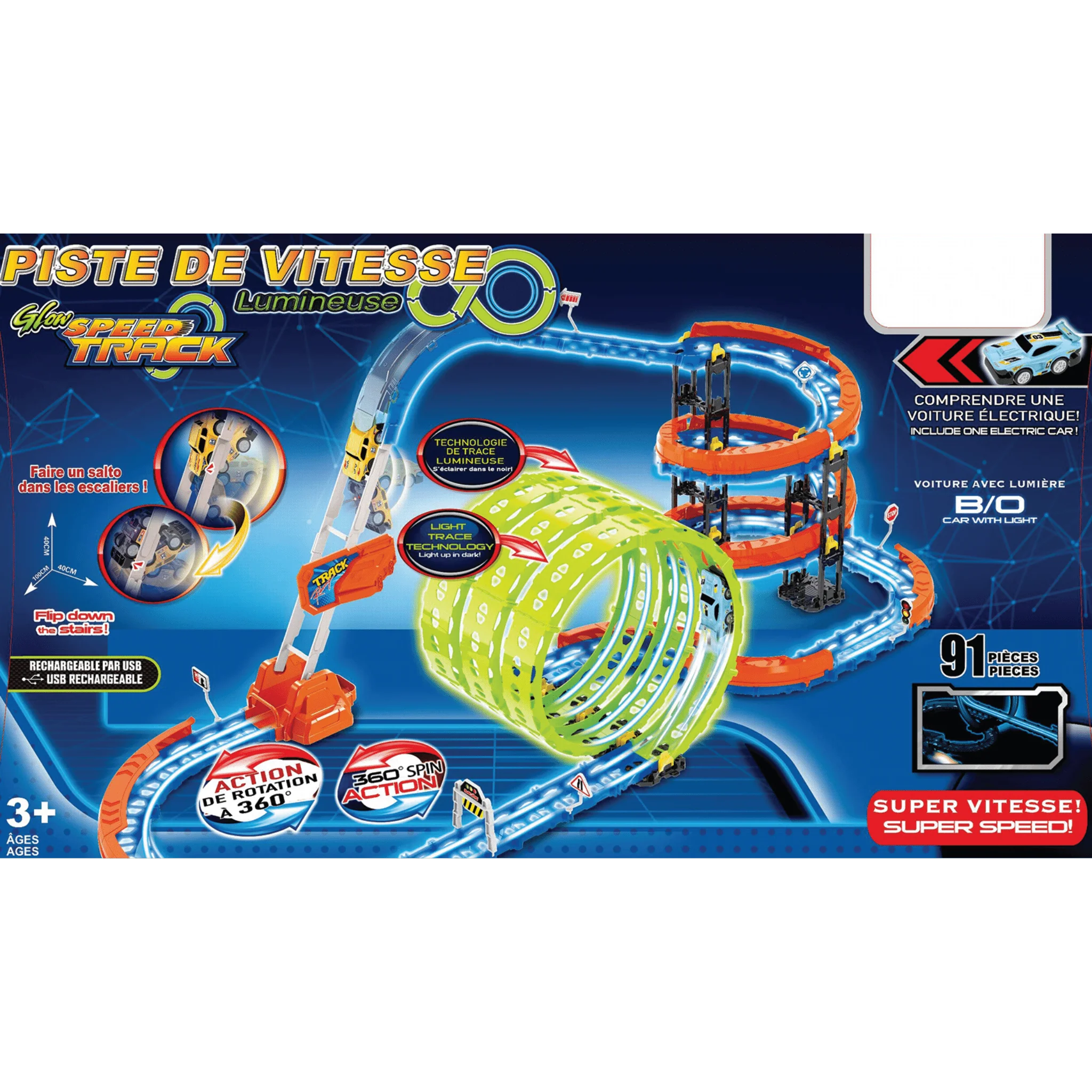 91 Pc Track Set with Lights and Glow in Dark Climb Leader