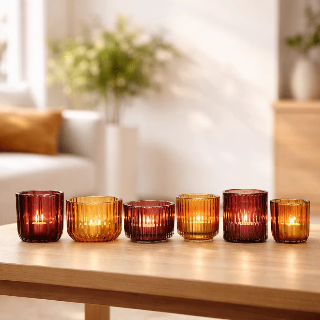 Amber Glass Candle Holders on Wooden Tray – 6 Piece Set