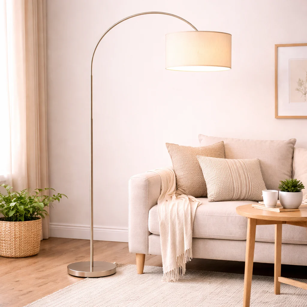 Arched Floor Lamp with White Shade – Brushed Nickel Modern Design - Image 2
