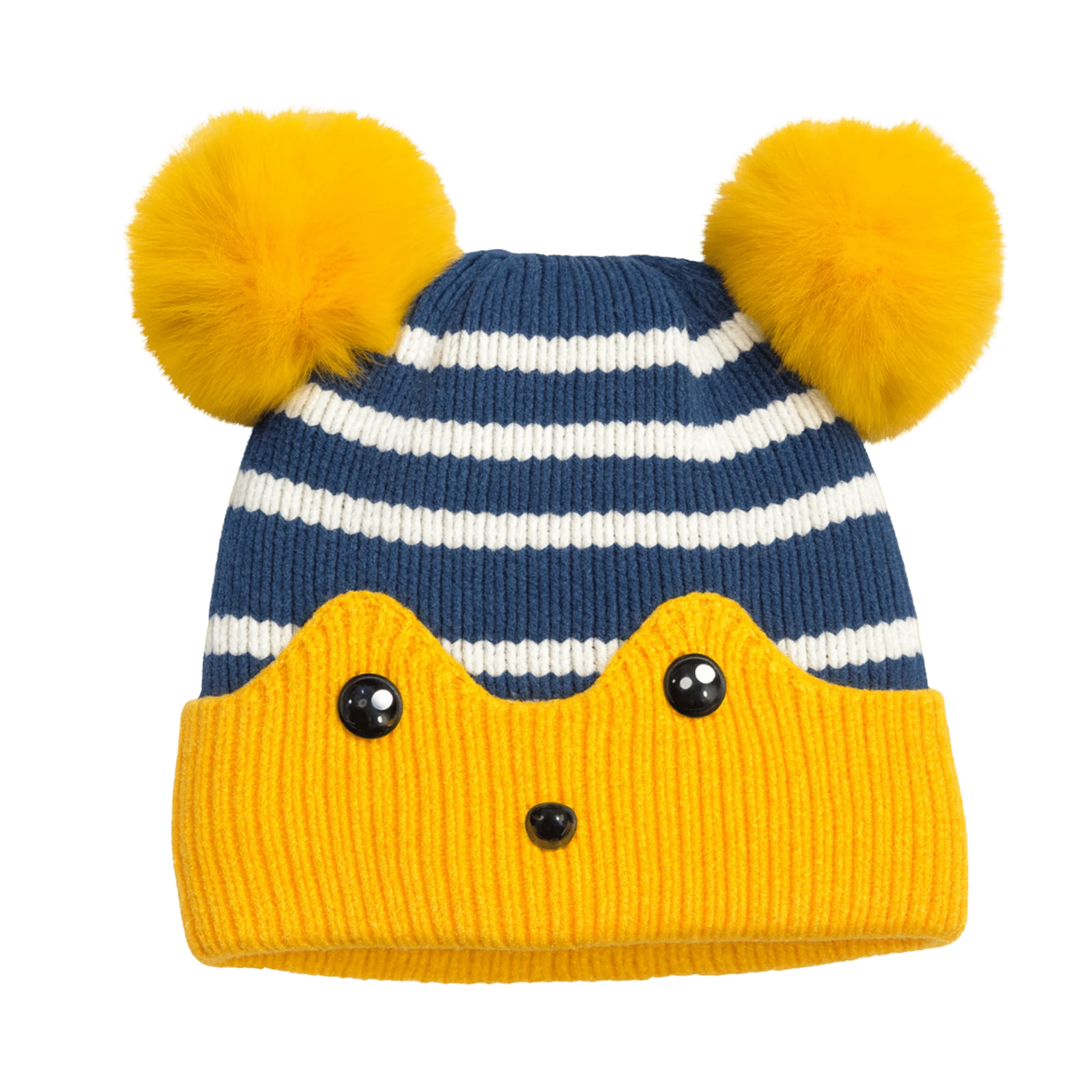 Baby Striped Knit Beanie with Ears and Pom-Poms - Image 3