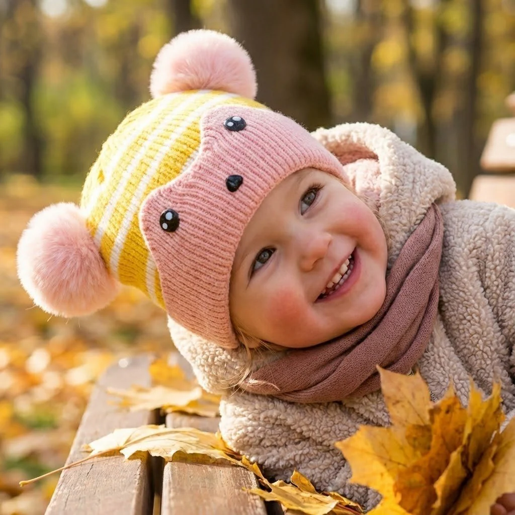 Baby Striped Knit Beanie with Ears and Pom-Poms - Image 5