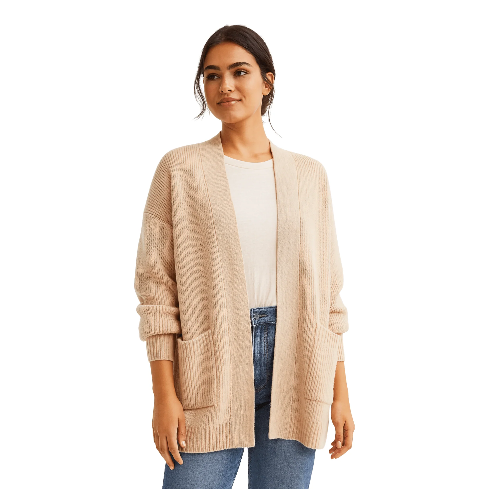 Beige Open-Front Knit Cardigan