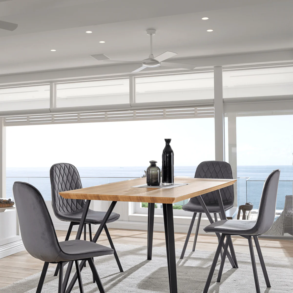 Dining Set Wood Table 4 Grey Fabric Chairs