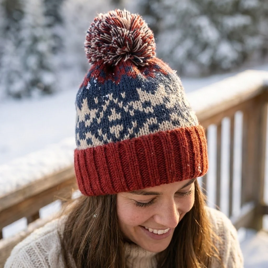 Fair Isle Knit Beanie with Pom-Pom - Image 2