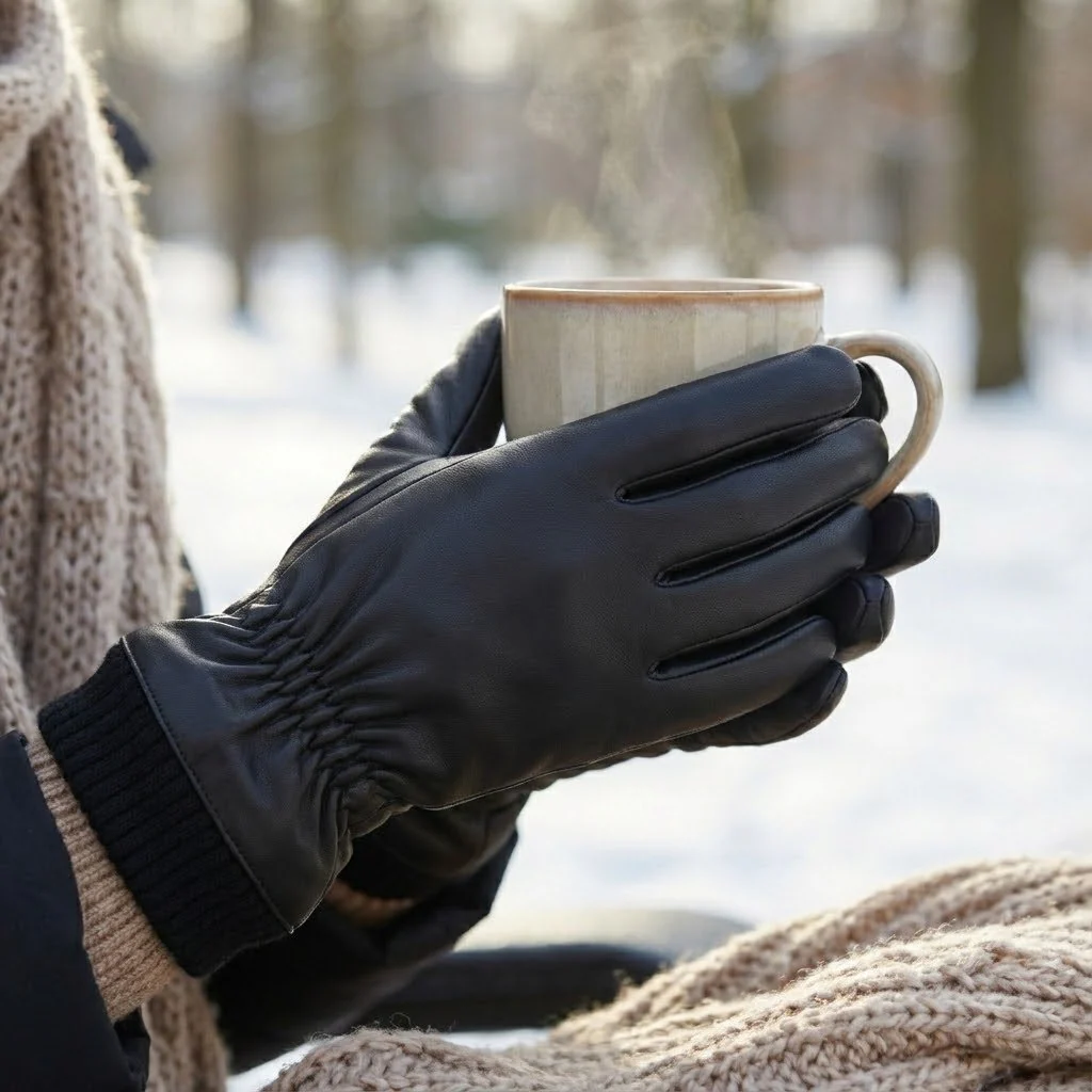 Faux Leather Lined Gloves with Ribbed Cuffs - Image 3