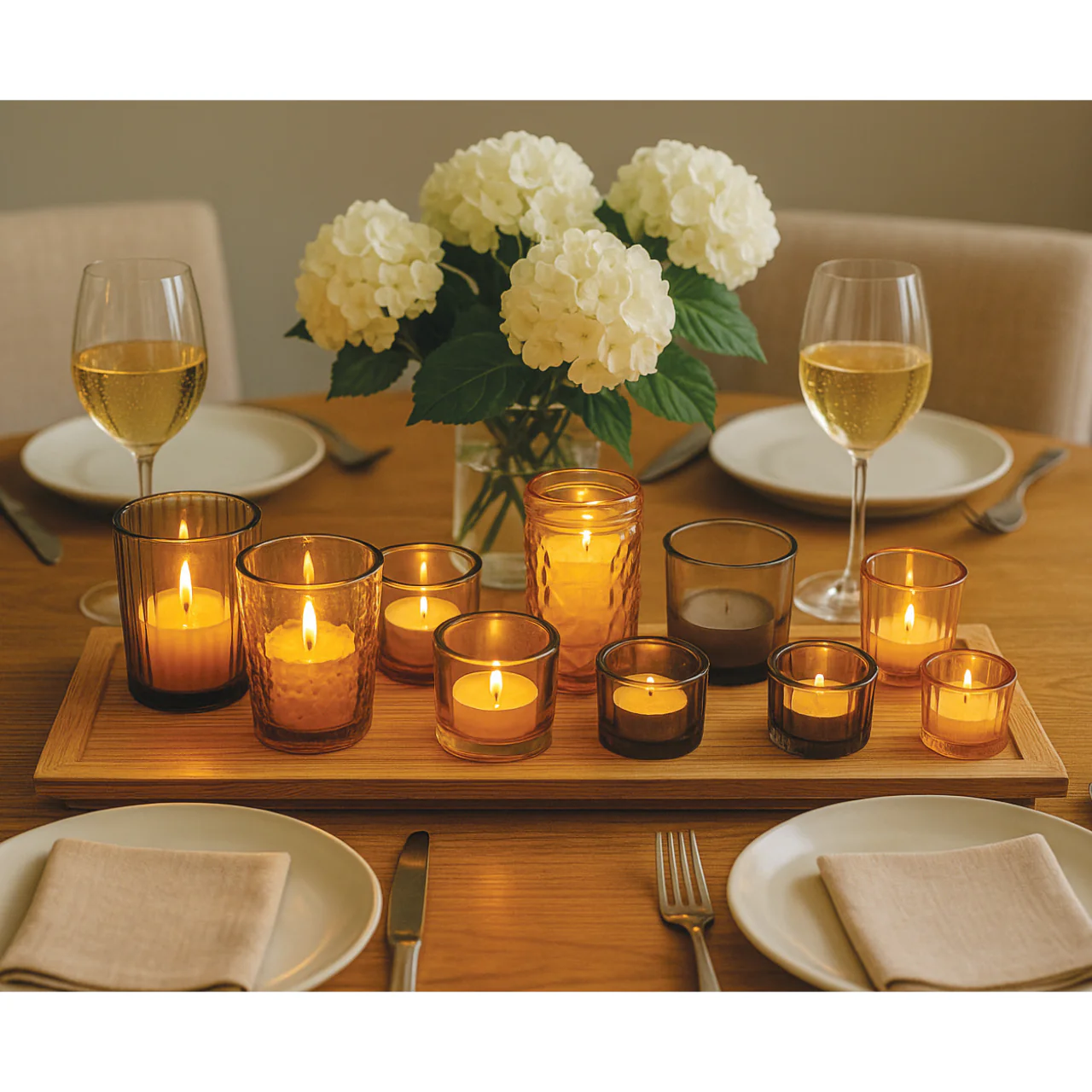 Golden Khaki Glass Candle Holders on Wooden Tray – 9 Piece Set
