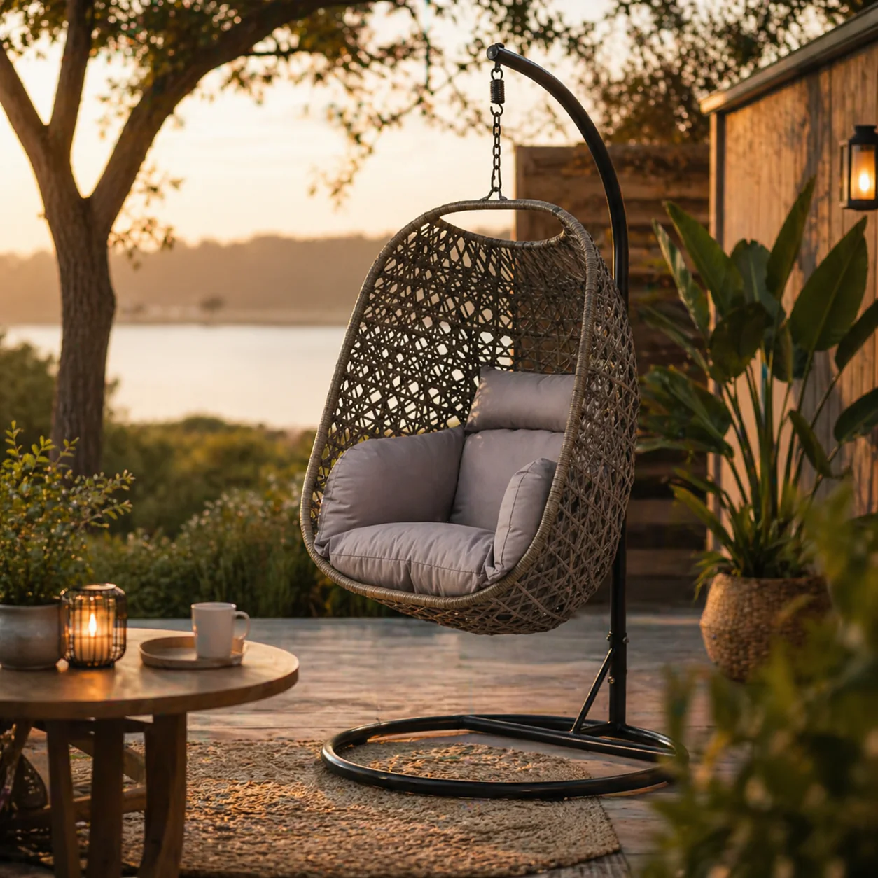 Hanging Egg Chair with Stand – Grey Cushion