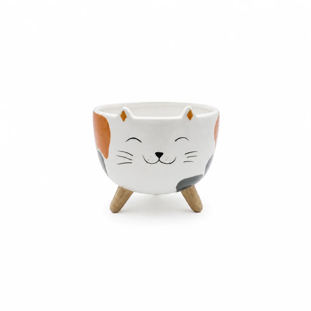 Kawaii Cat Ceramic Planter with Wooden Legs – Decorative Pot