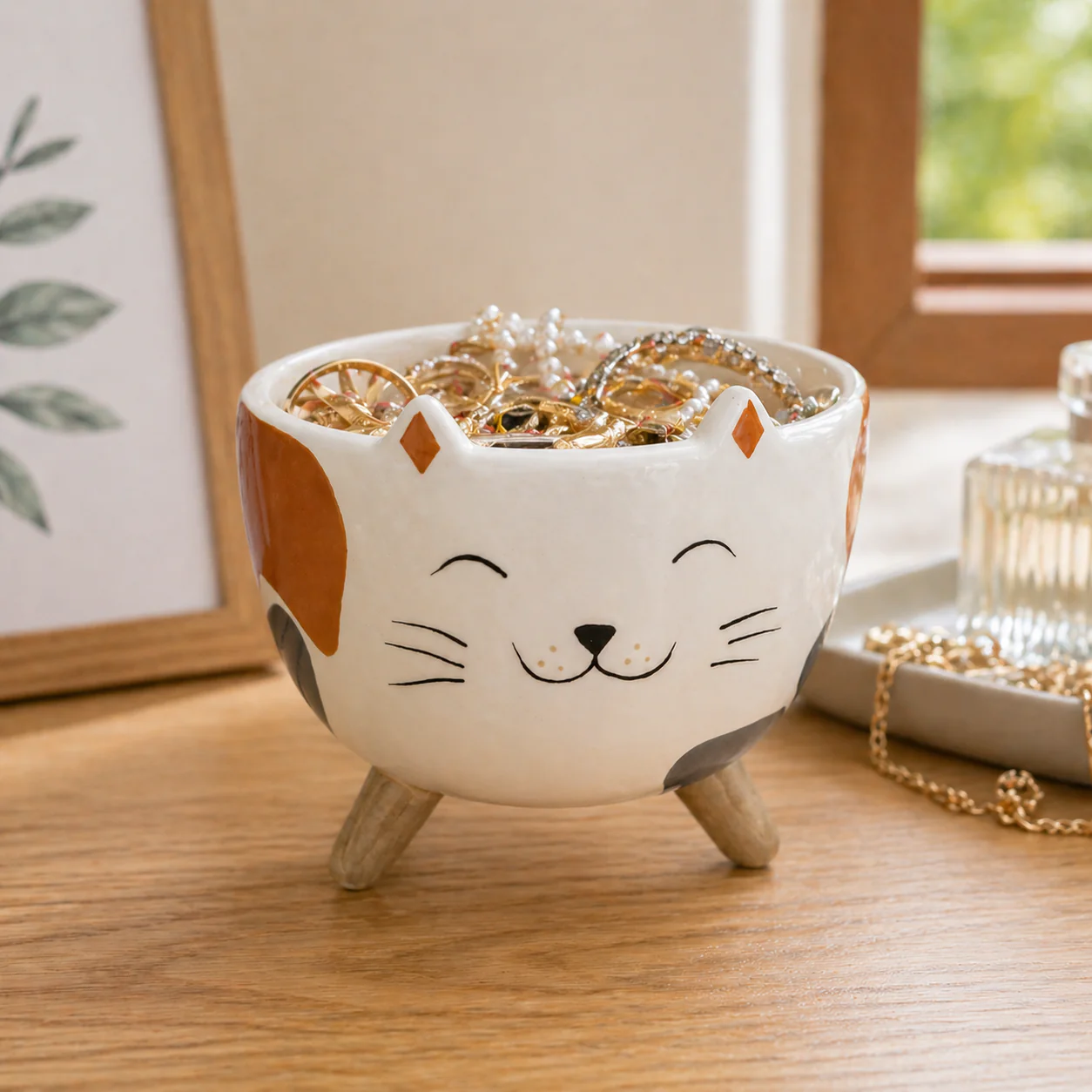 Kawaii Cat Ceramic Planter with Wooden Legs – Decorative Pot - Image 2