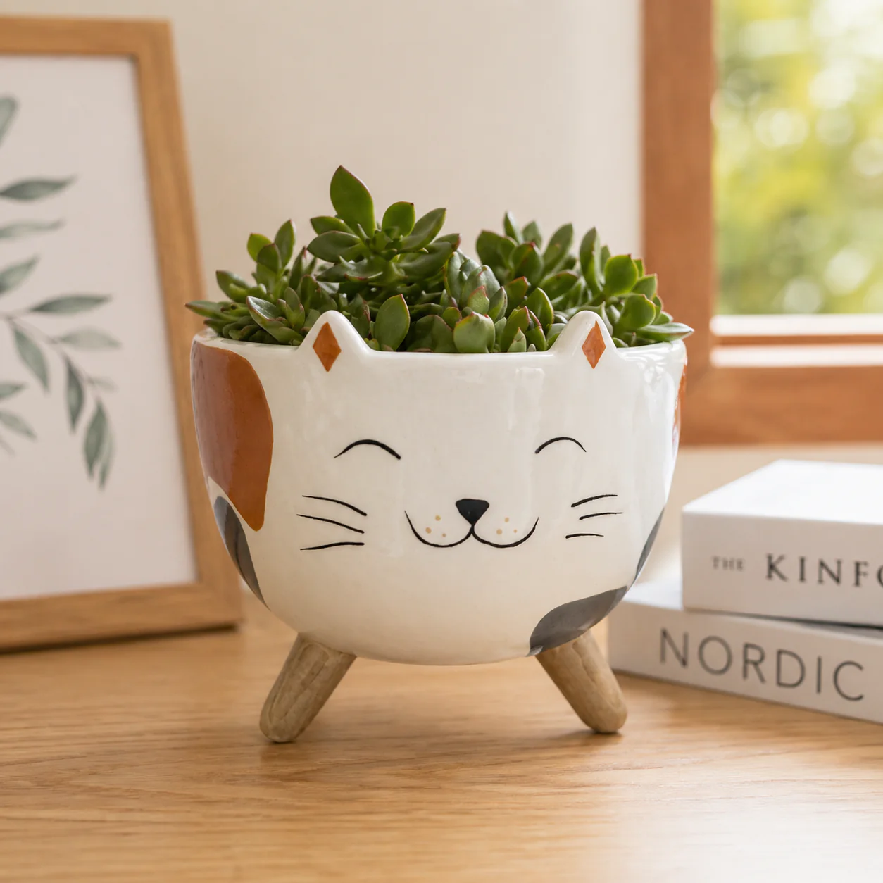 Kawaii Cat Ceramic Planter with Wooden Legs – Decorative Pot - Image 3
