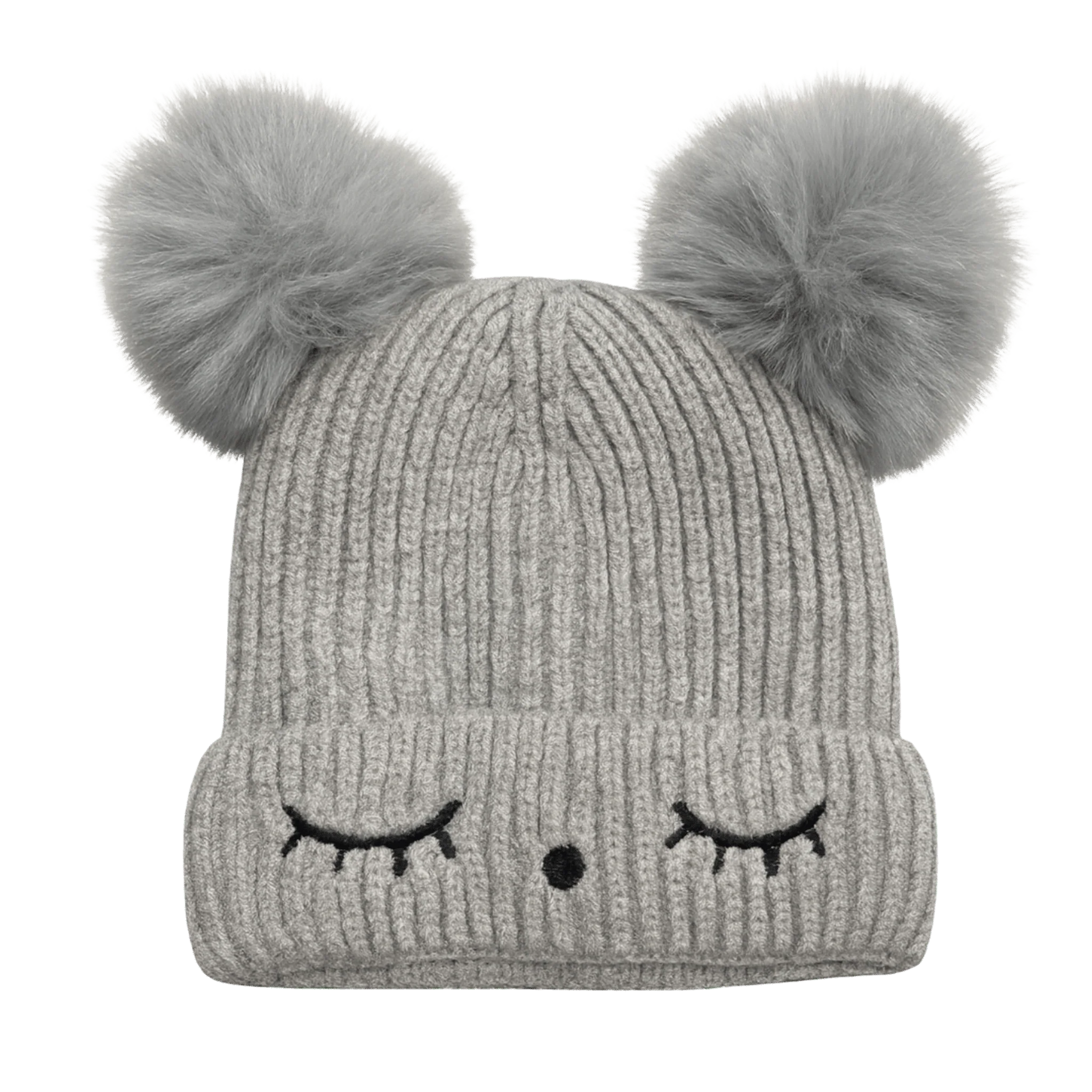Knit Beanie with Decorative Ears and Pom-Poms - Image 3
