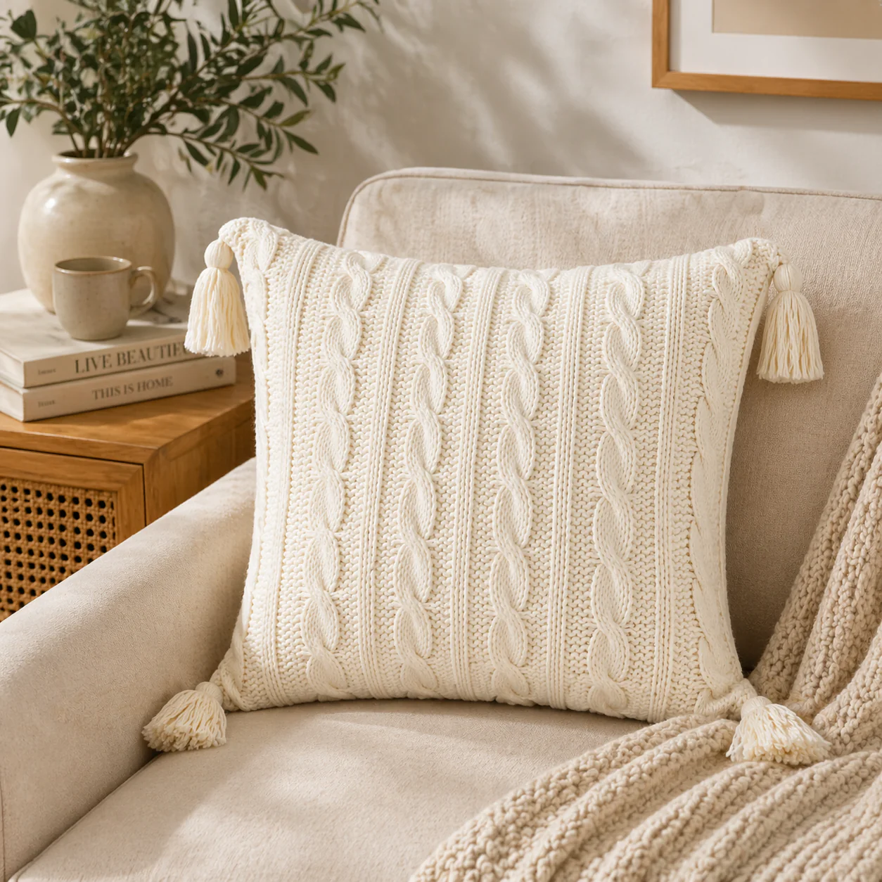 LAURENT TAYLOR - Cable crochet with tassles knit cushion - Image 2