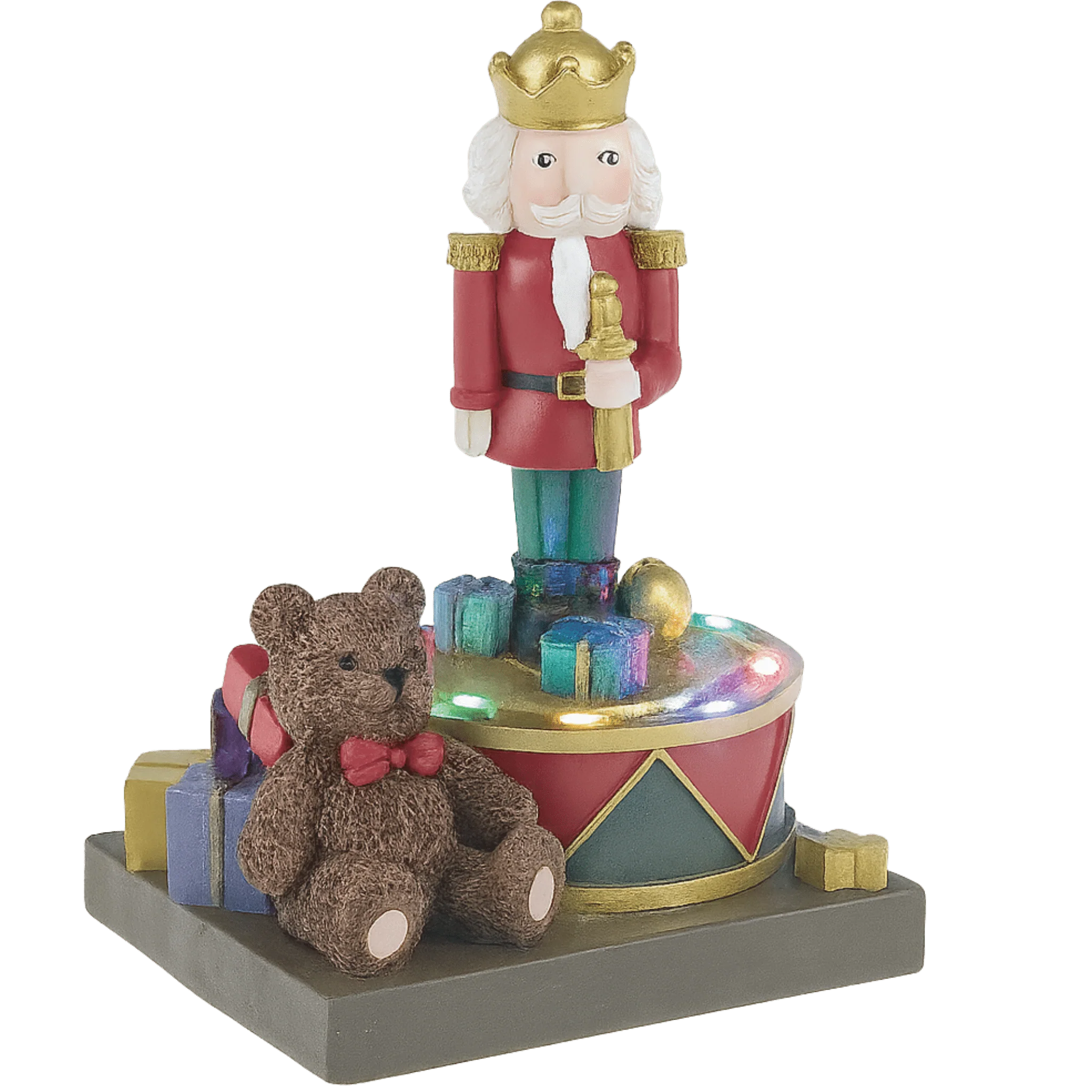 LED Nutcracker Figurine with Teddy Bear & Gifts – Light-Up Holiday Decoration