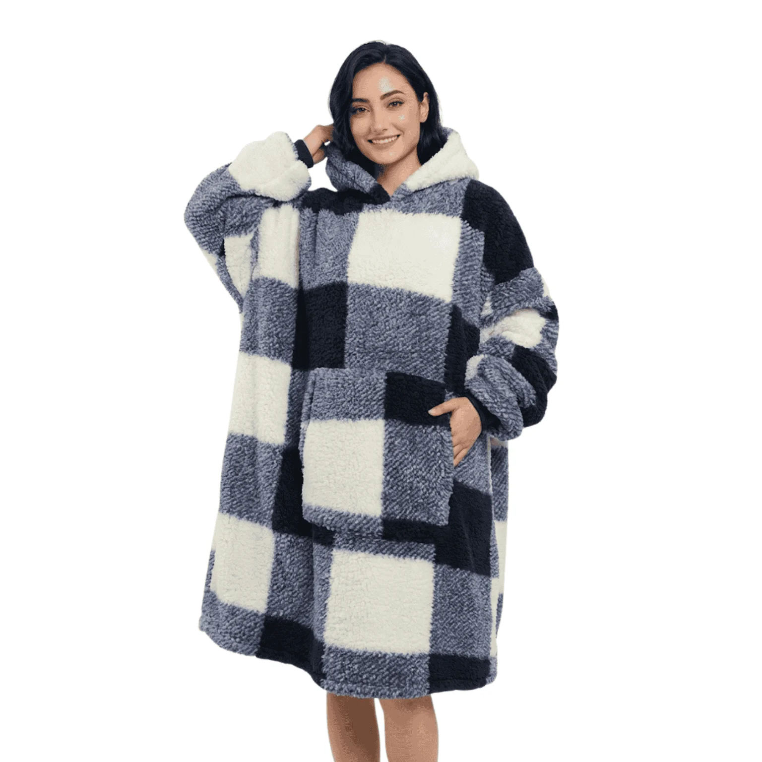 Long Hooded Sherpa Check Coat