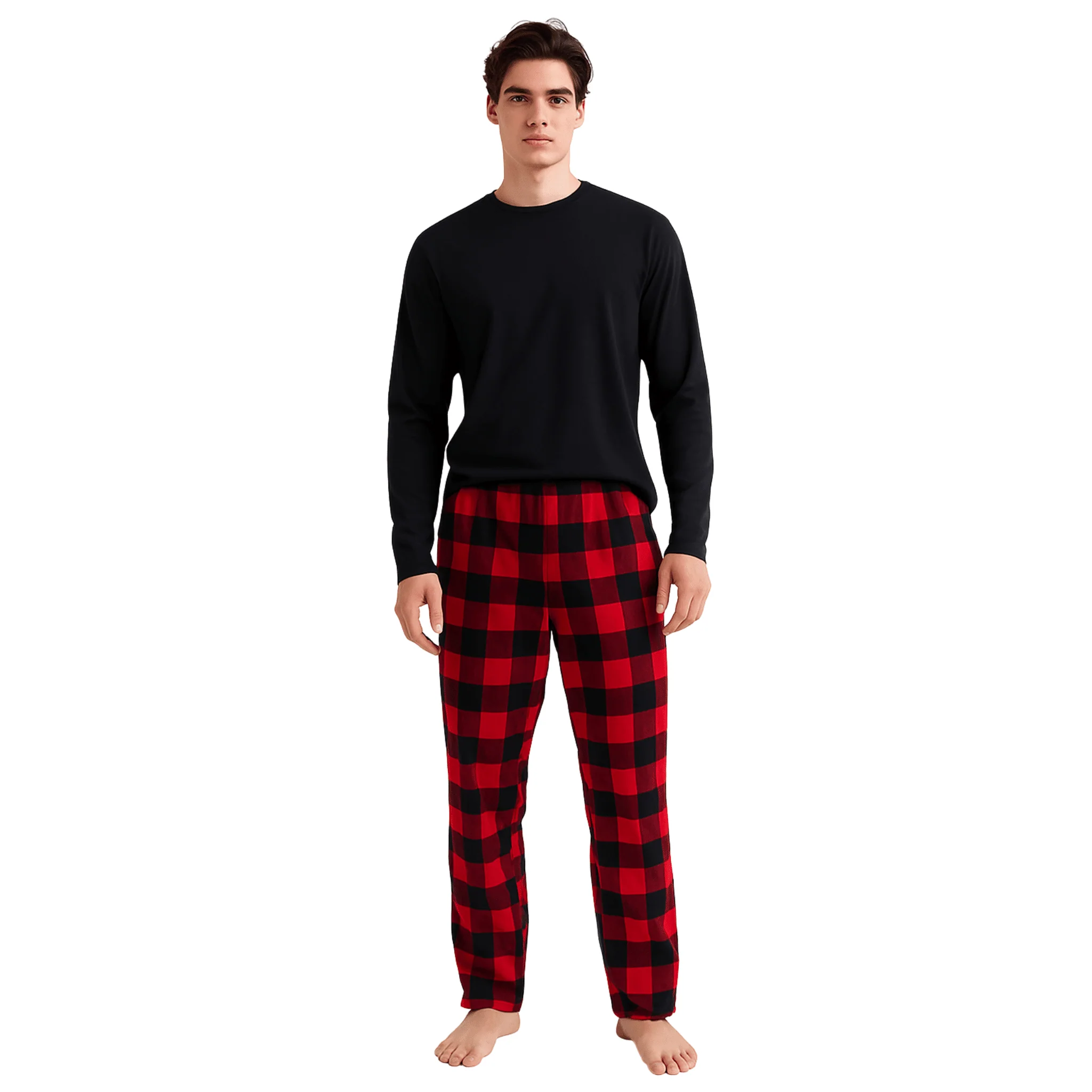 Men’s Cozy Lounge Set – Black Top & Red Buffalo Plaid Pants