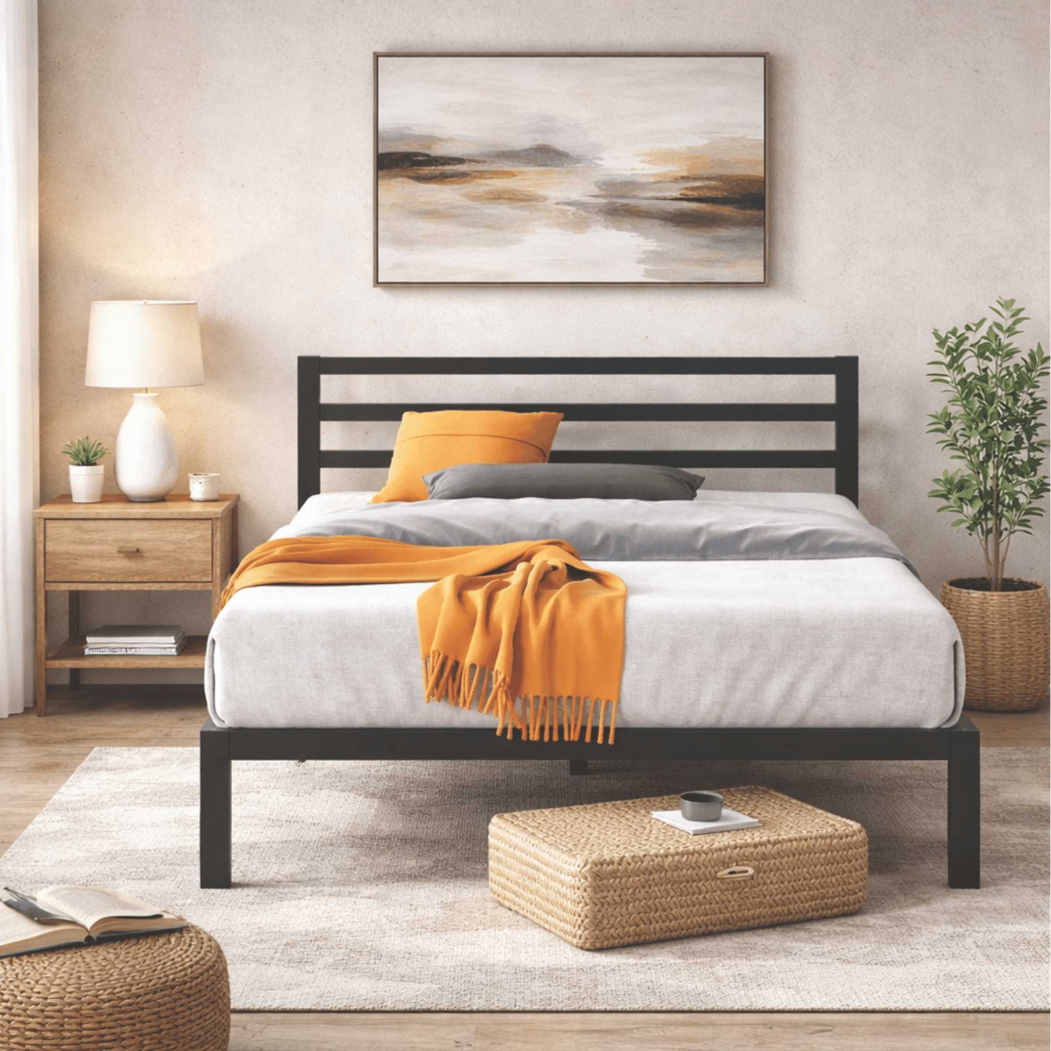 Mia Metal Platform Bed Frame with Headboard – 14" Design