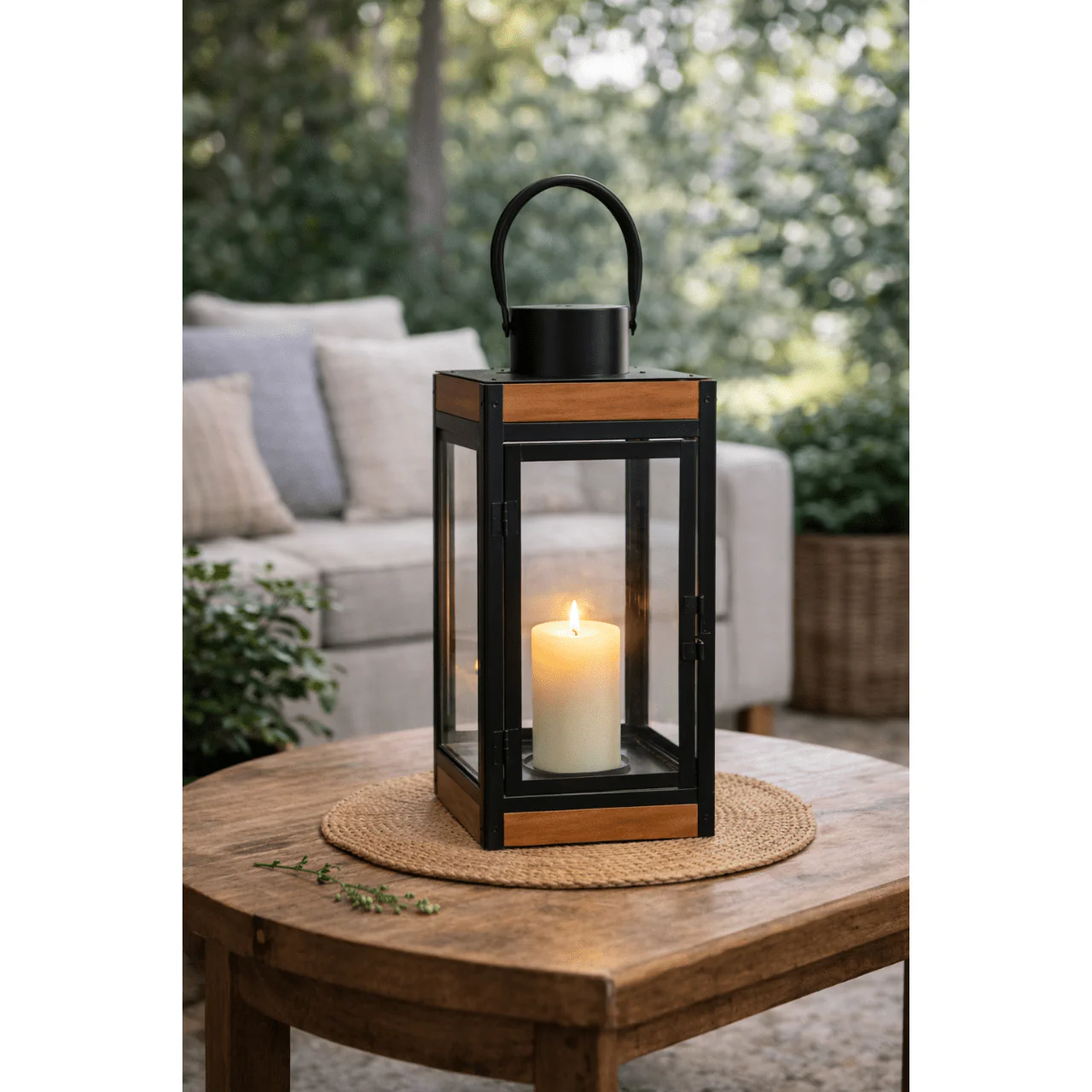 Pine & Black Iron Lantern