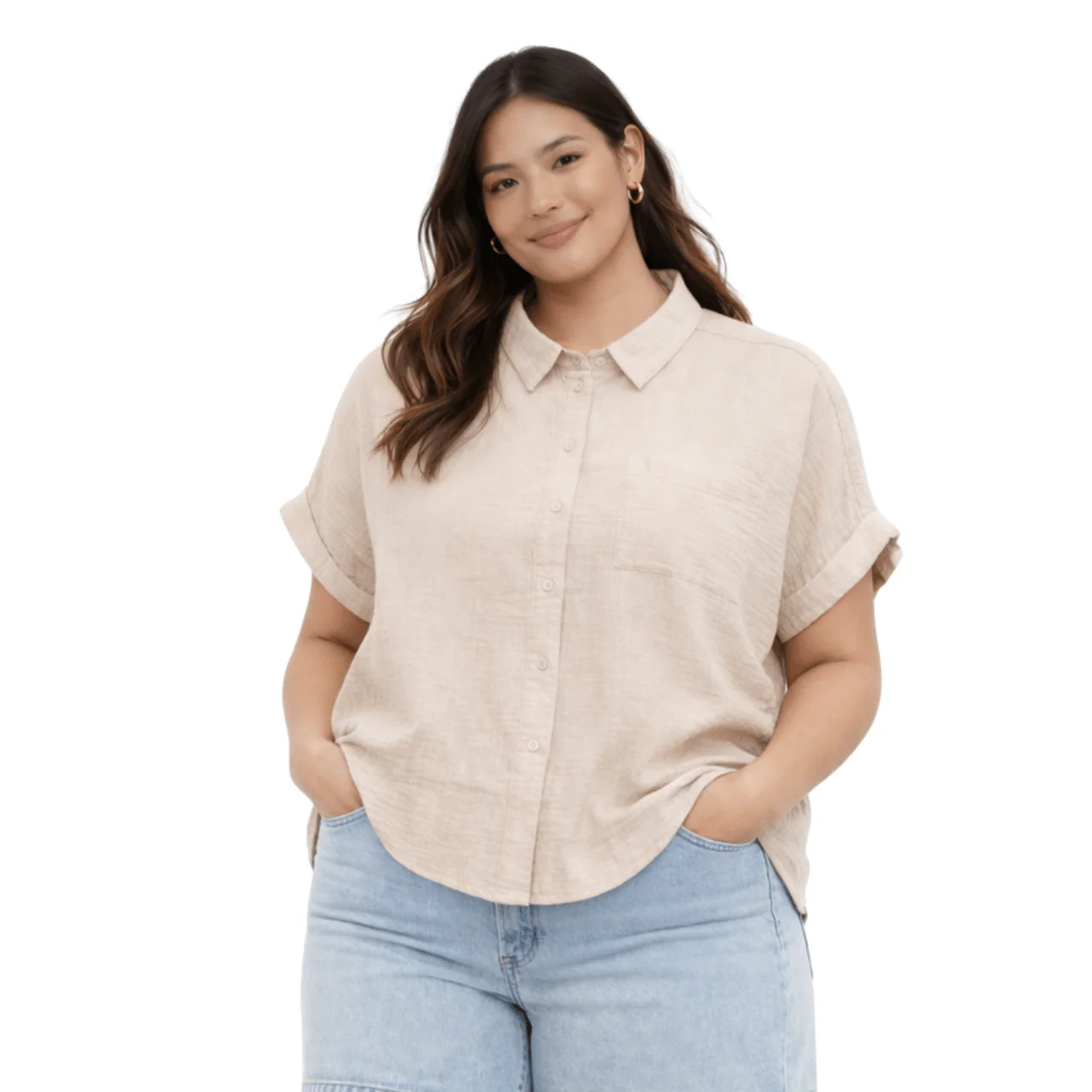 Plus Size Short Sleeve Button-Up Blouse