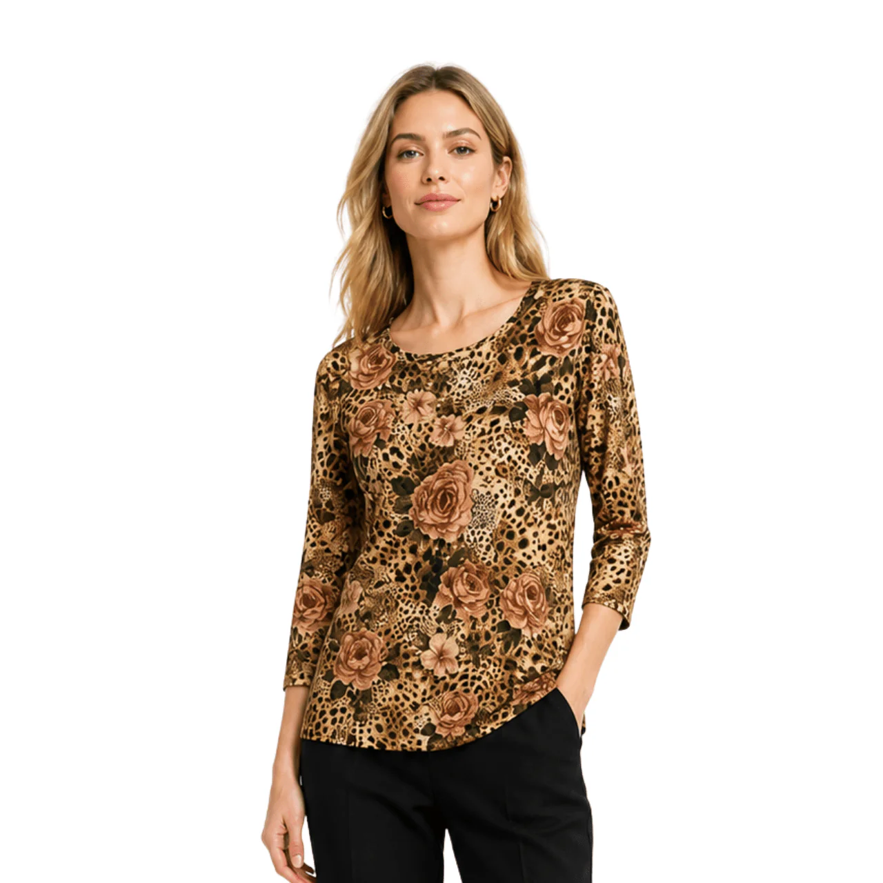 Printed 3/4 Sleeve Knit Top - Image 3