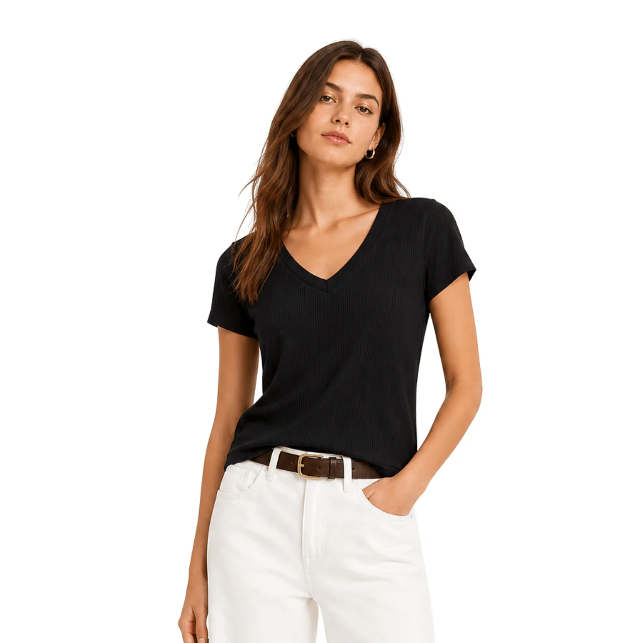 Ribbed V-Neck Essential T-Shirt - Image 4