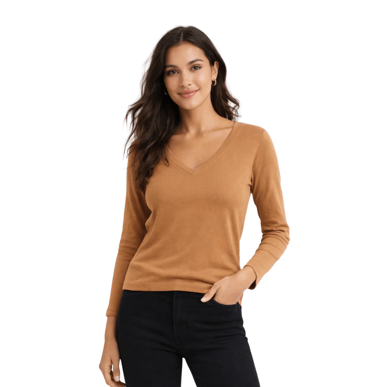 Ribbed V-Neck Long Sleeve Top