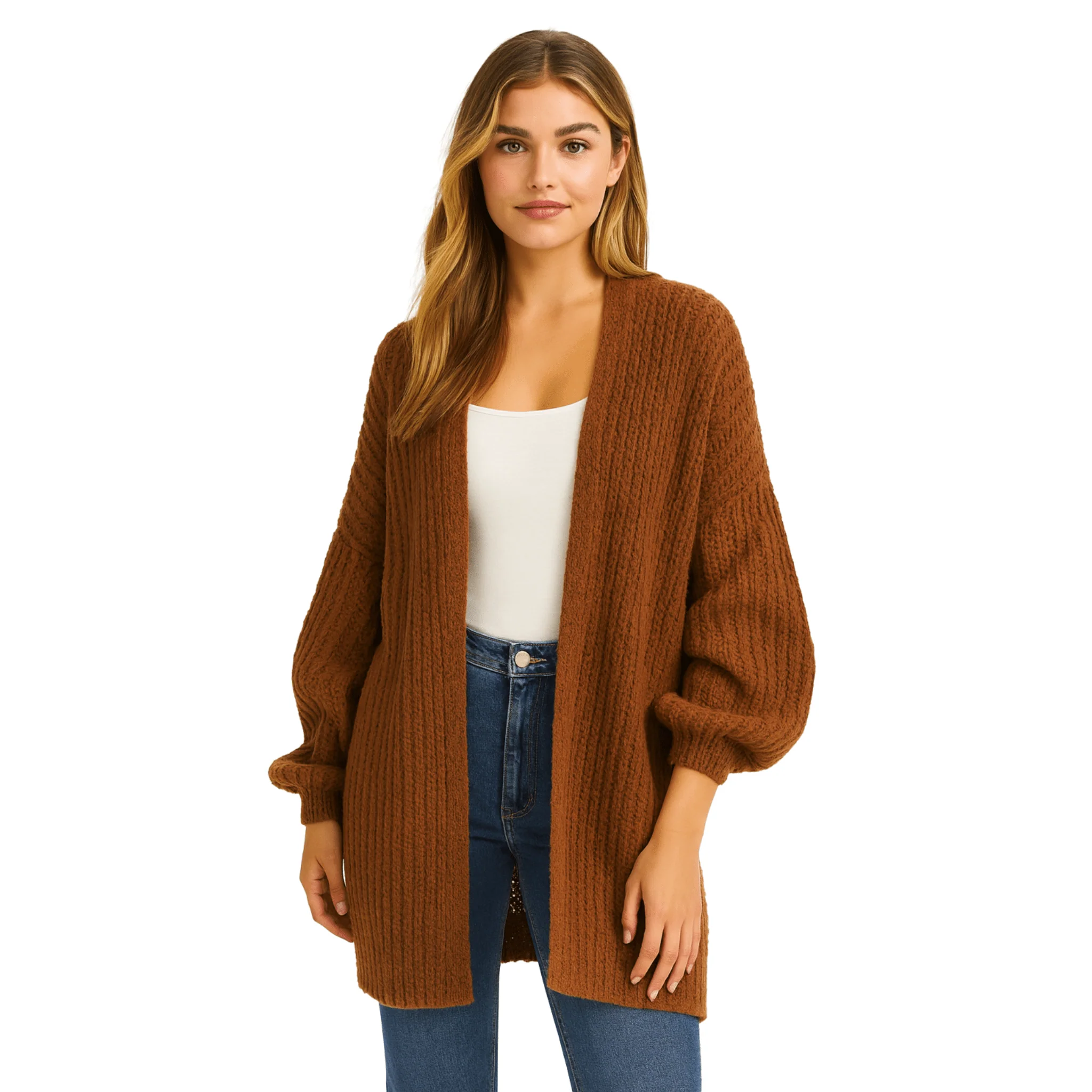Rust Textured Knit Open-Front Cardigan