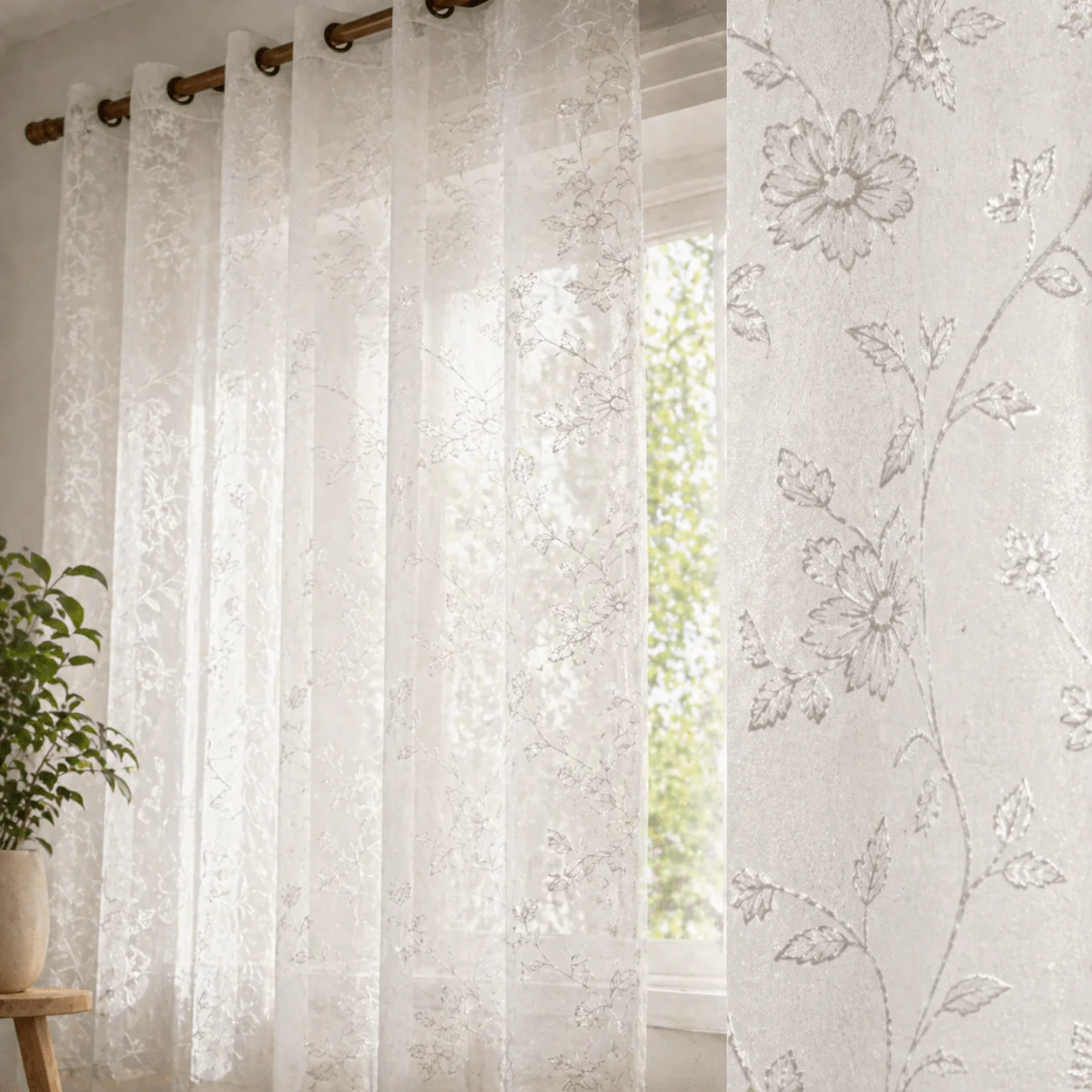 Sheer Floral Embroidered Grommet Curtain Panel – White