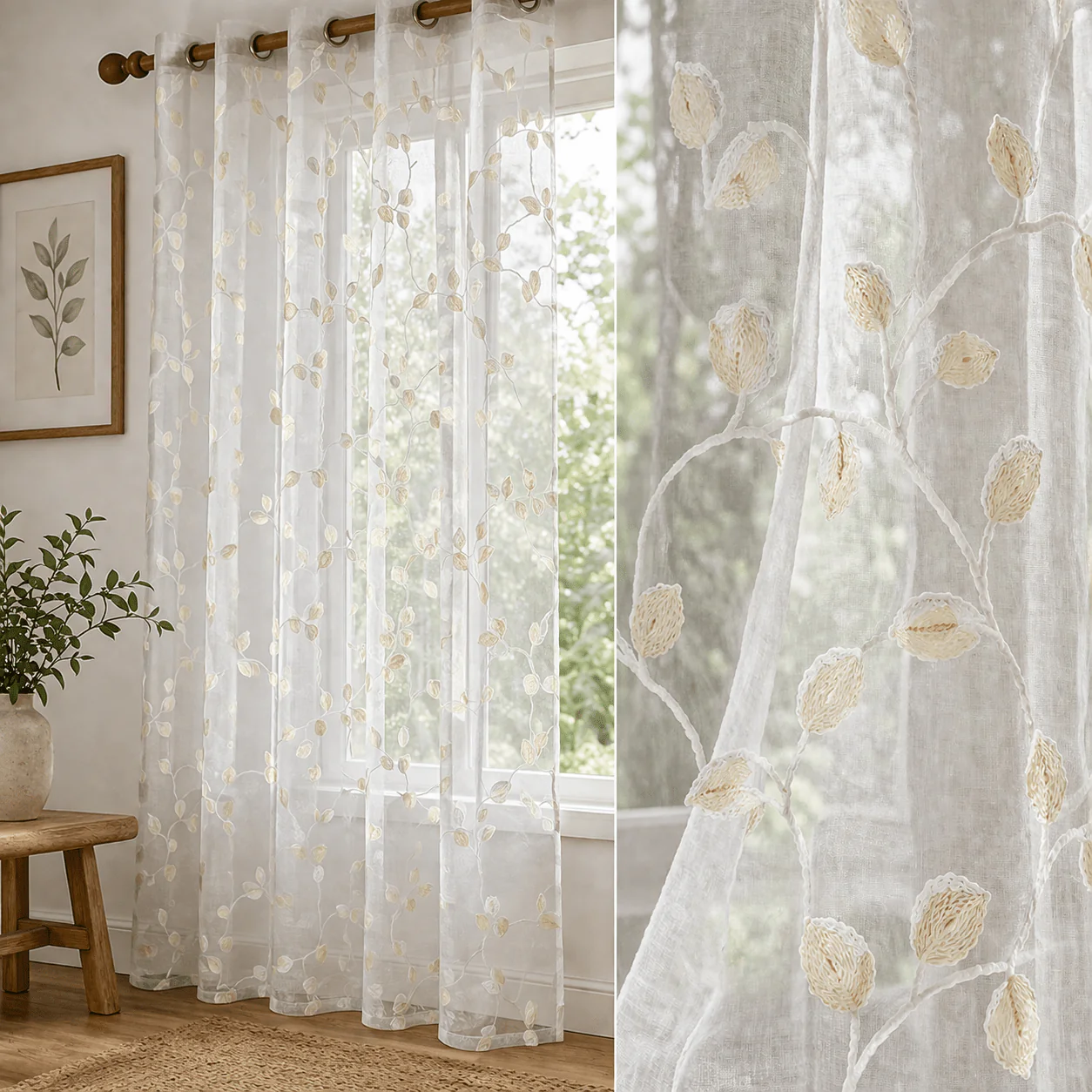 Sheer Two-Tone Floral Embroidered Grommet Curtain Panel – White