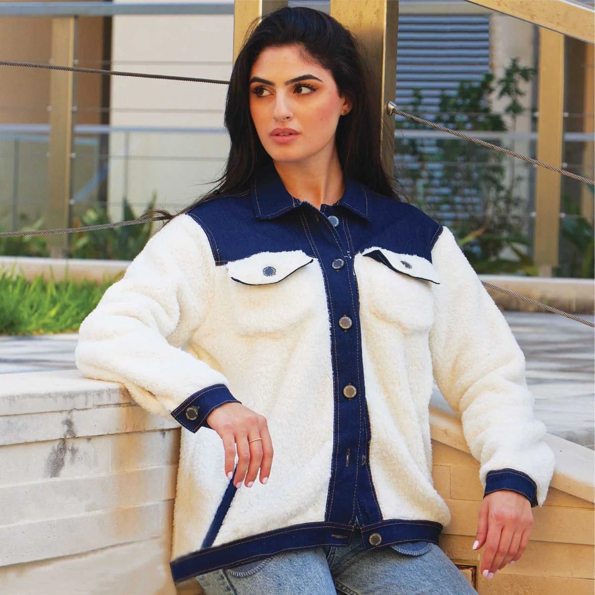 Sherpa Jacket With Denim Details
