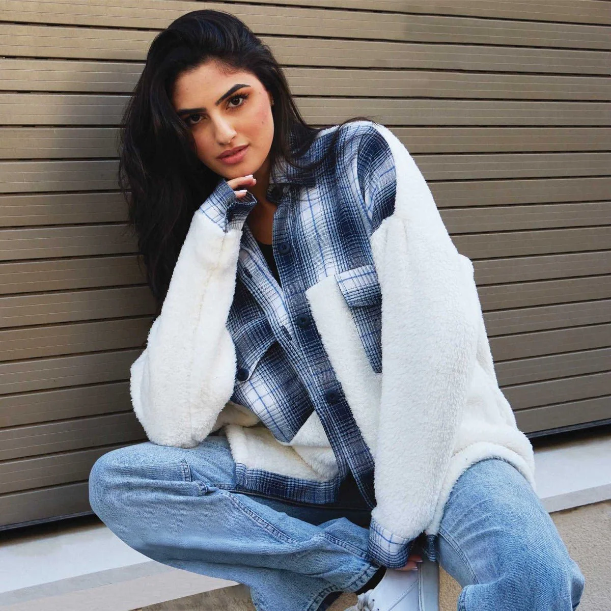 Sherpa Jacket With Plaid Details white