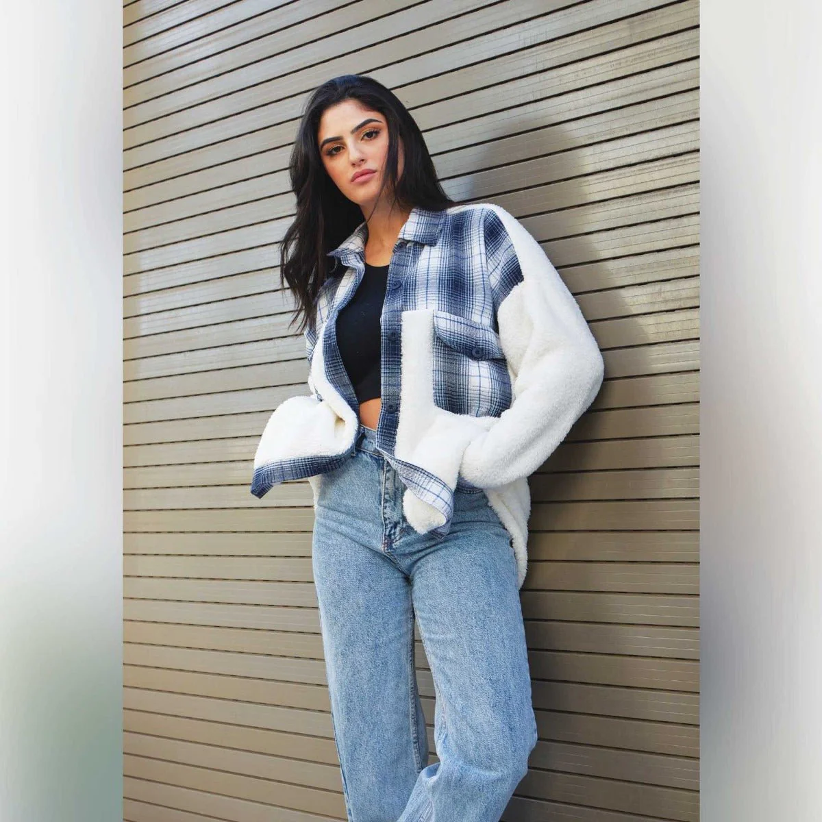 Sherpa Jacket With Plaid Details white - Image 2