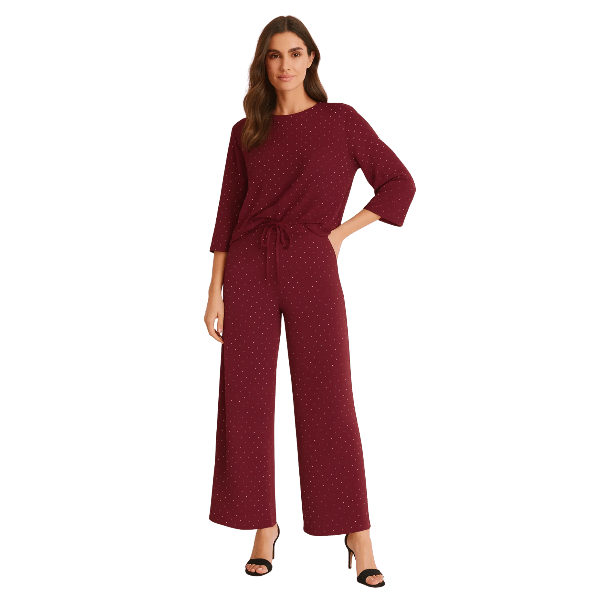 Soft Dotted Wide-Leg Lounge Set with Drawstring Top