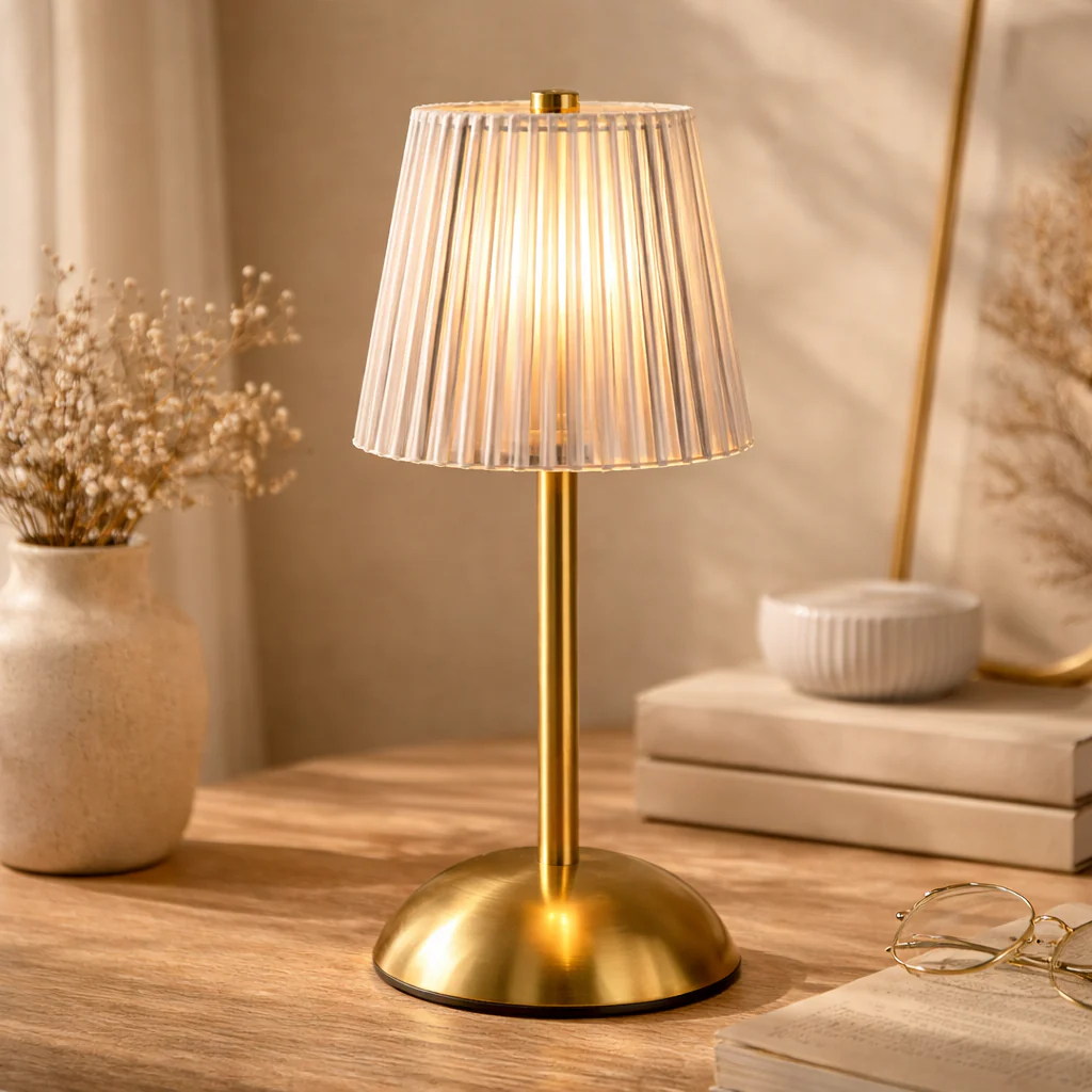 Table Lamp with USB Charger – Clear Pleated Shade (10–15 cm)
