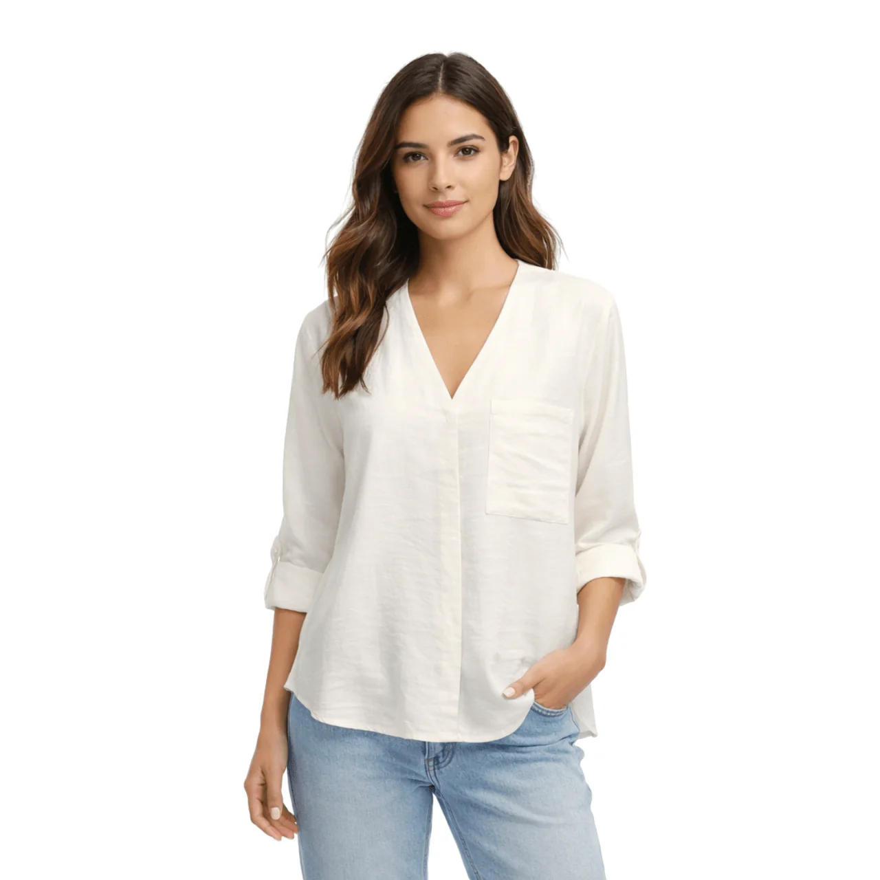 V-Neck Roll-Tab Sleeve Blouse