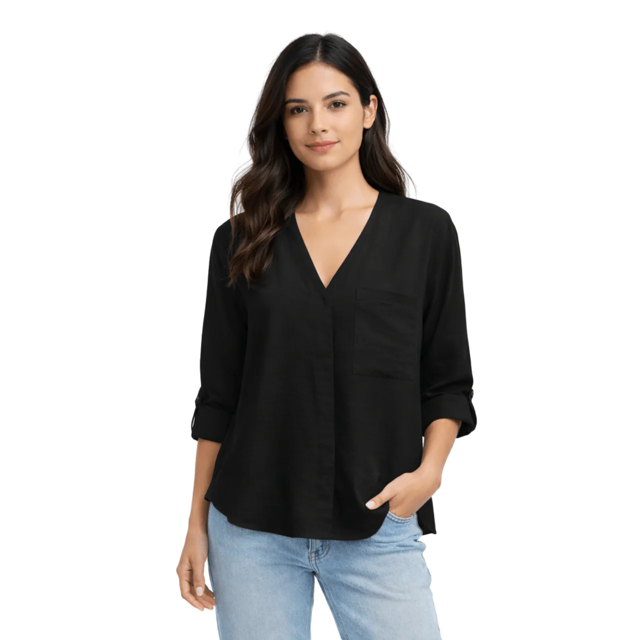 V-Neck Roll-Tab Sleeve Blouse - Image 2