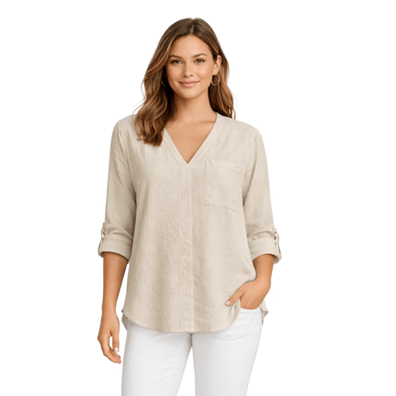 V-Neck Roll-Tab Sleeve Blouse - Image 3