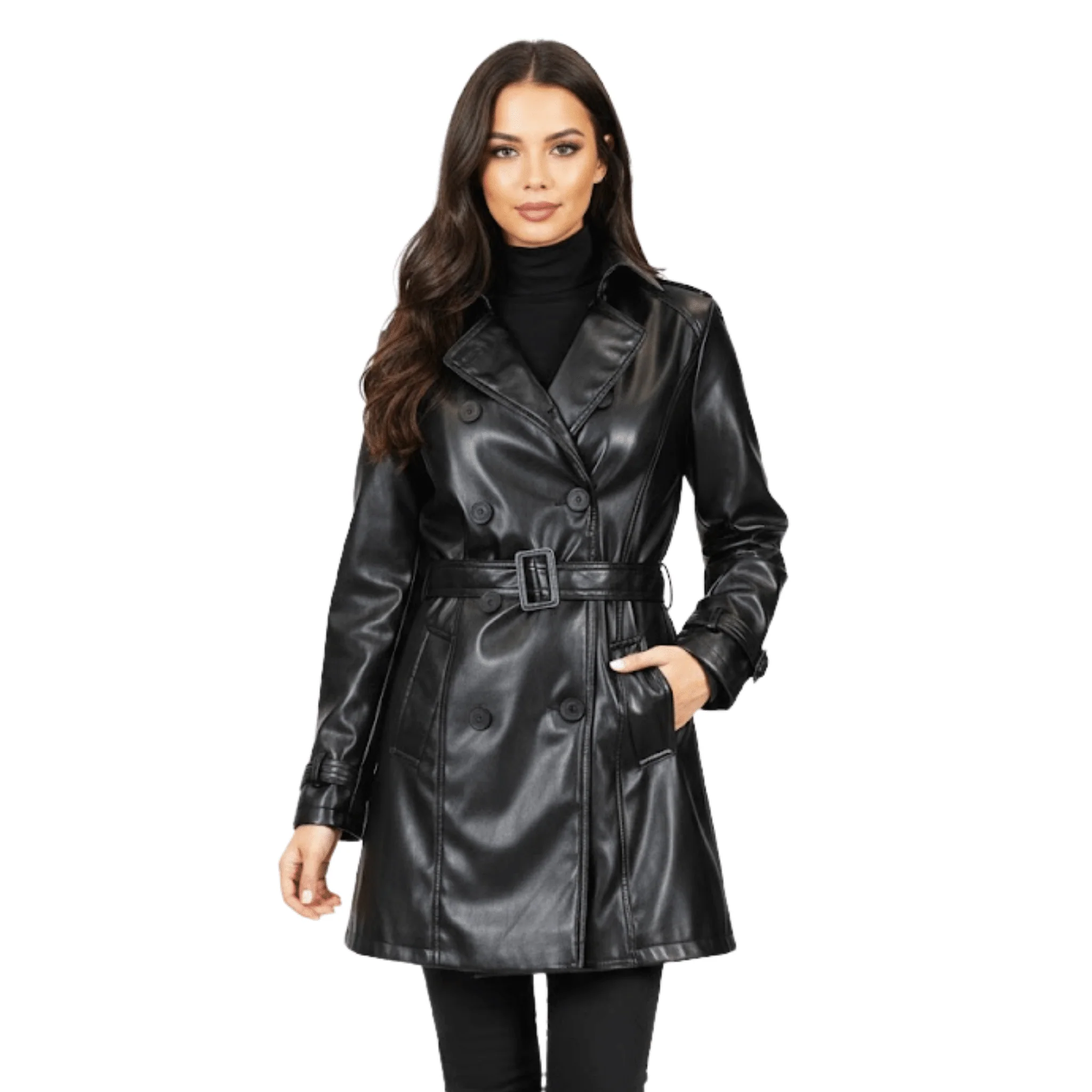 Black Faux-Leather Belted Trench Coat