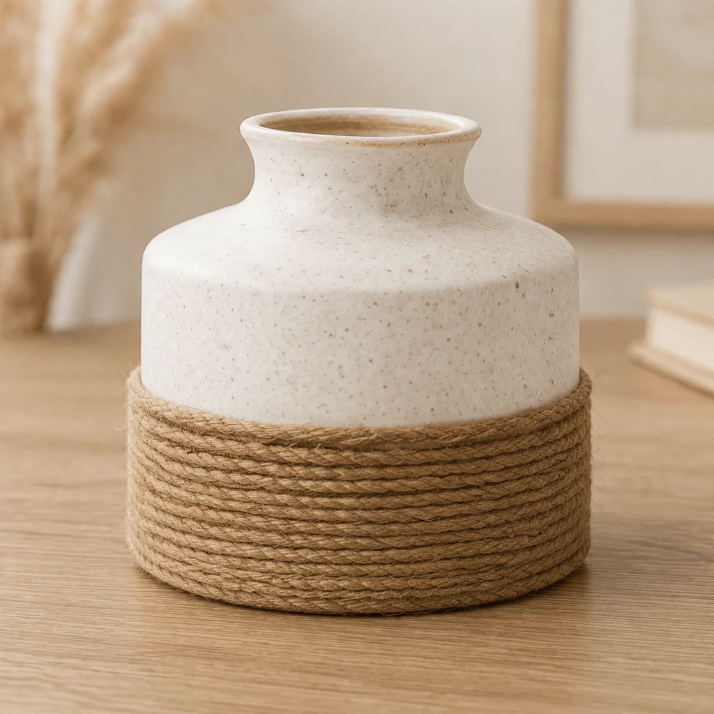 White Ceramic Vase with Jute Wrap – 6 in