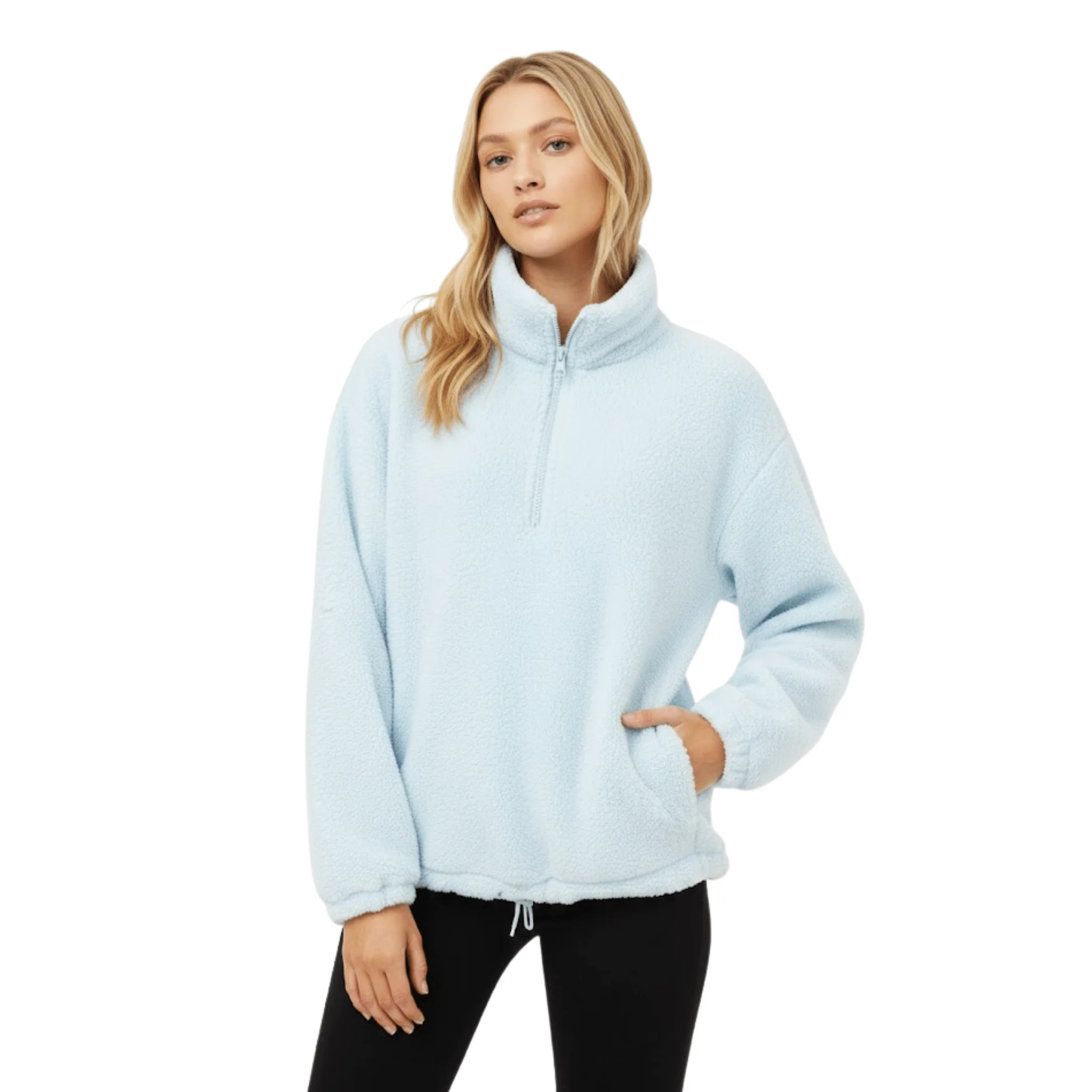 Cozy Light-Blue Sherpa Half-Zip Pullover