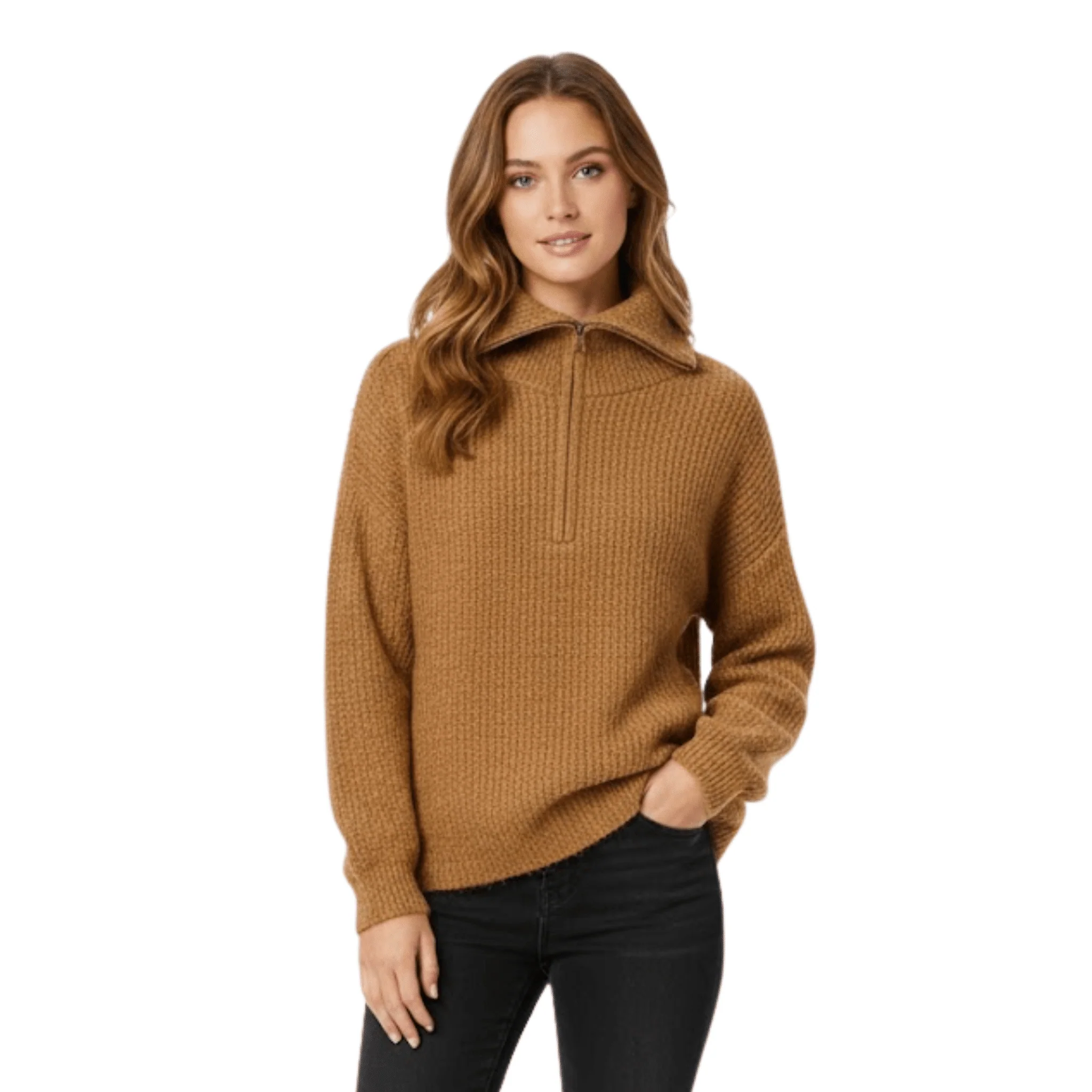 Camel Half-Zip High-Neck Knit Sweater